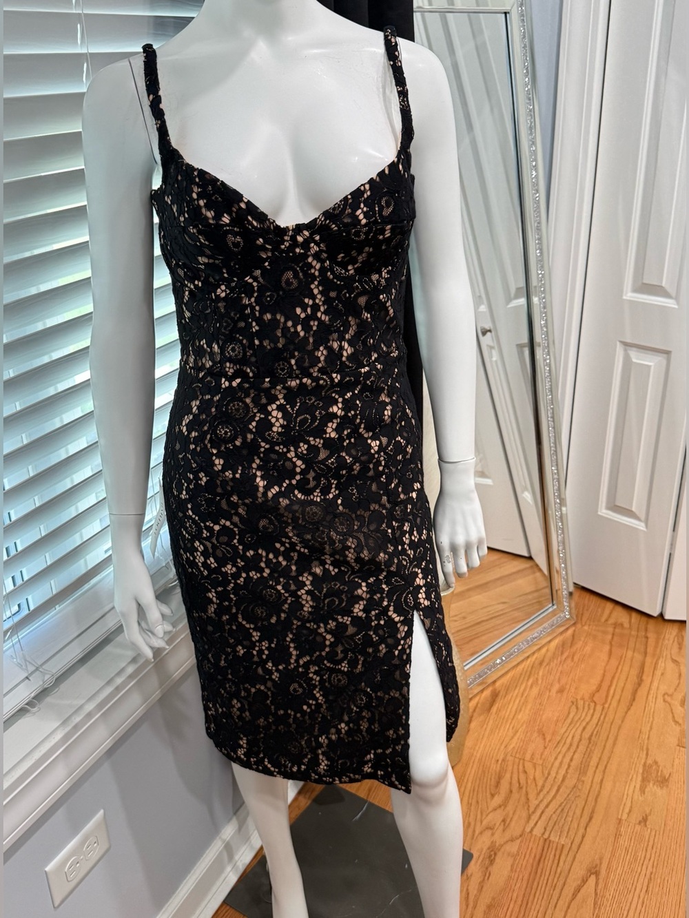 Bardot Black Lace Midi Dress with Nude Lining